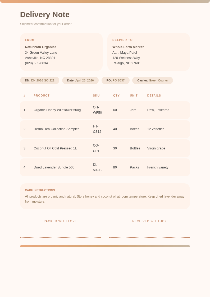 Soft organic delivery note